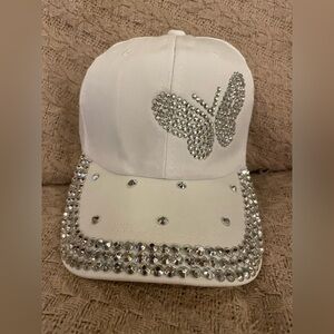 White Cap with Silver Rhinestone Butterfly